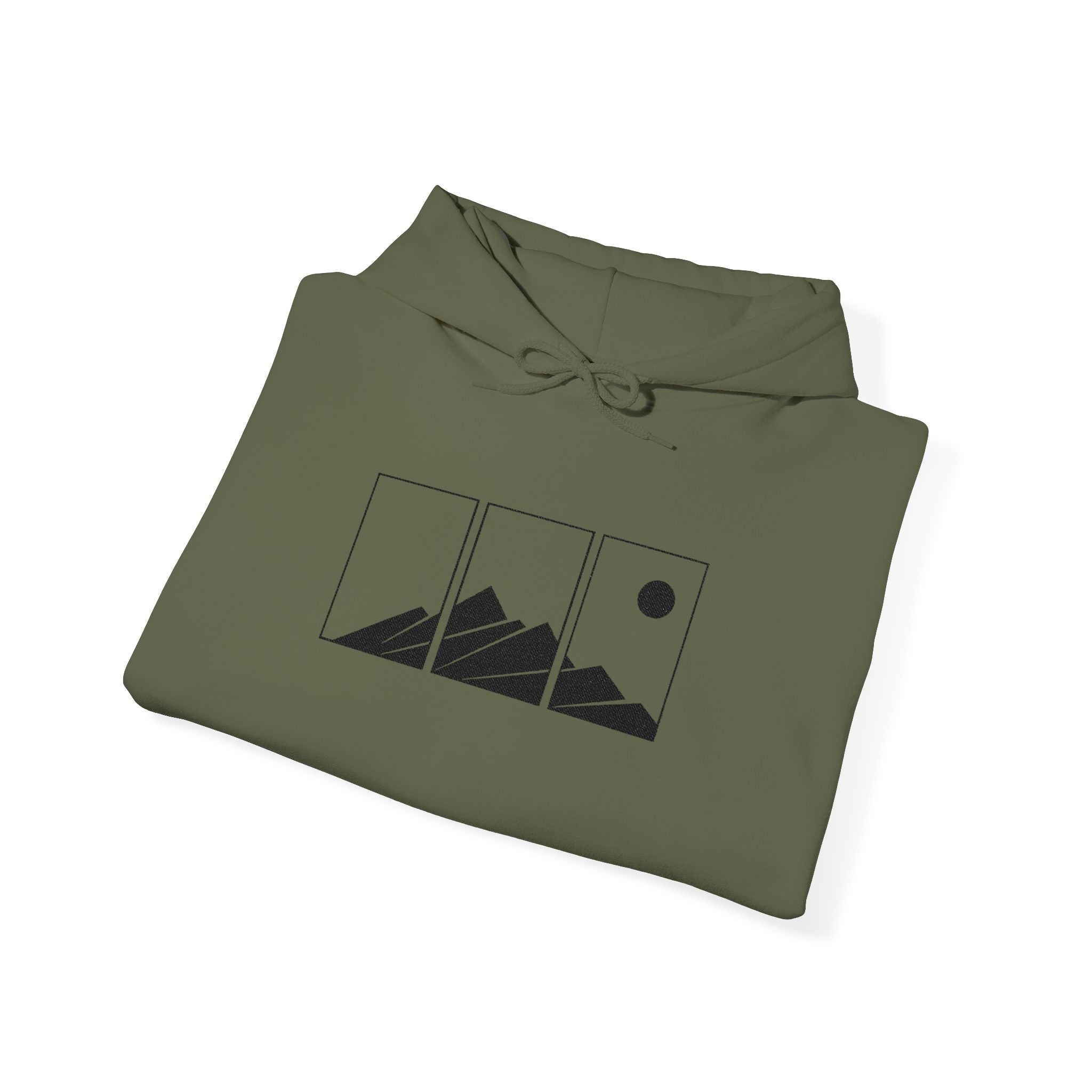 Mountain Triptych Hoodie — Minimalist Scenic Graphic Pullover Embroidered