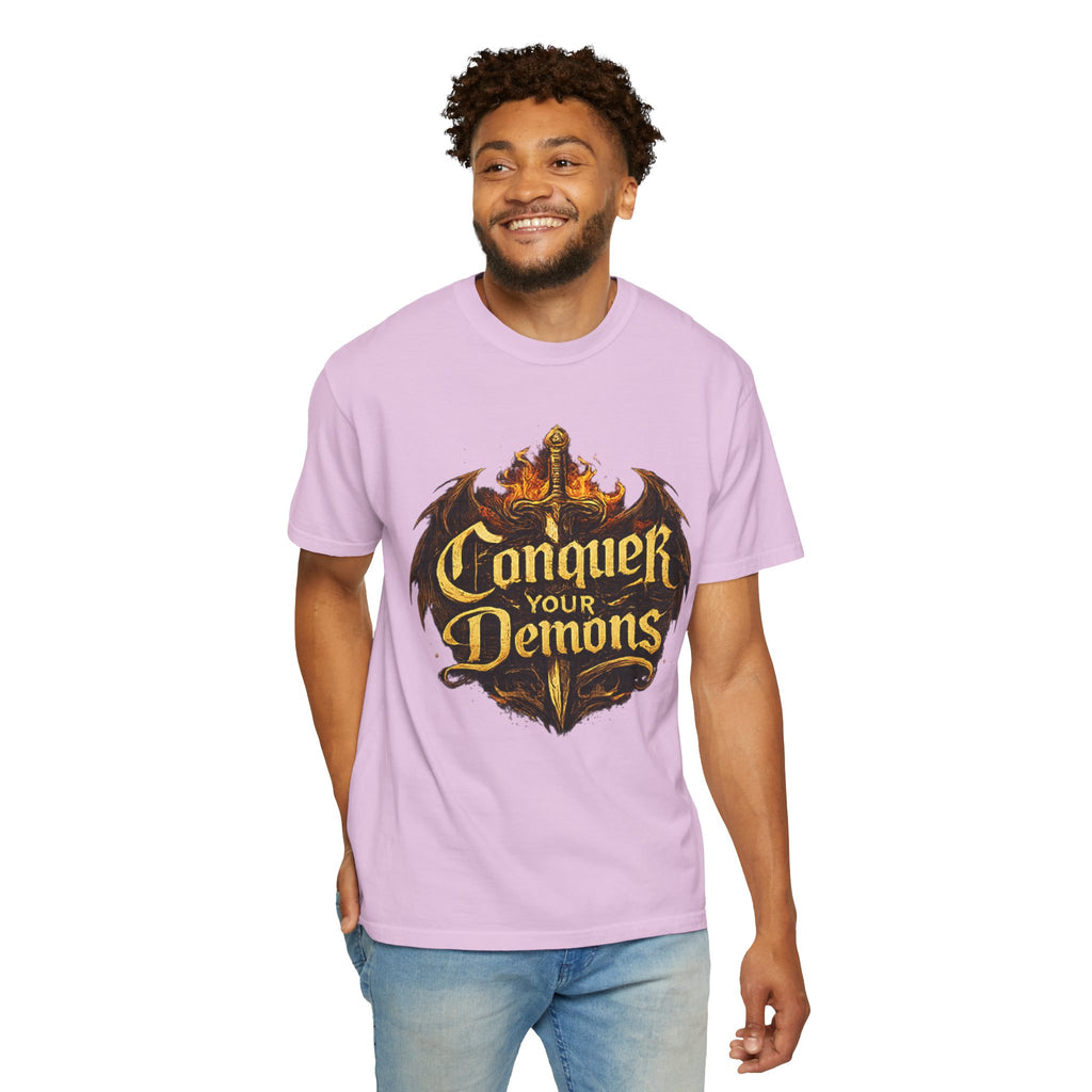 Conquer Your Demons T-Shirt — Gothic Sword & Flames Motivational Tee
