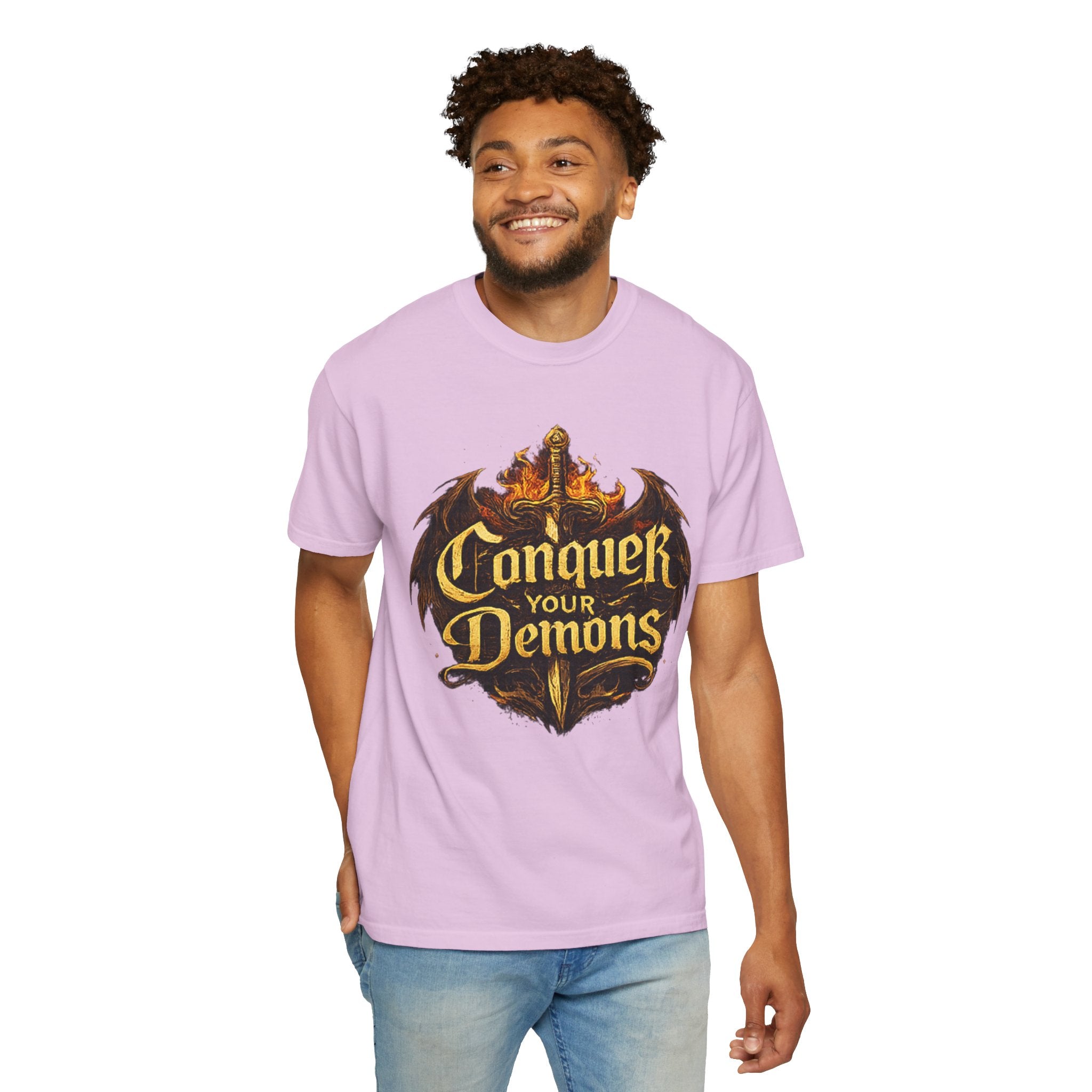 Conquer Your Demons T-Shirt — Gothic Sword & Flames Motivational Tee