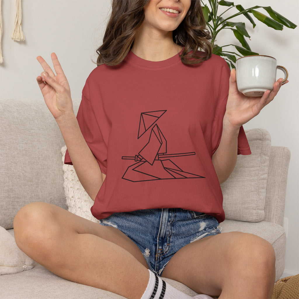 Samurai Line Art T-Shirt — Minimal Origami Swordsman Graphic Tee
