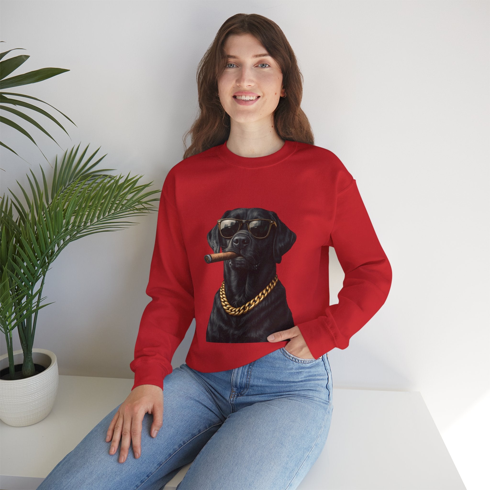 Cool Black Lab Crewneck Sweatshirt — Dog with Cigar & Gold Chain Graphic