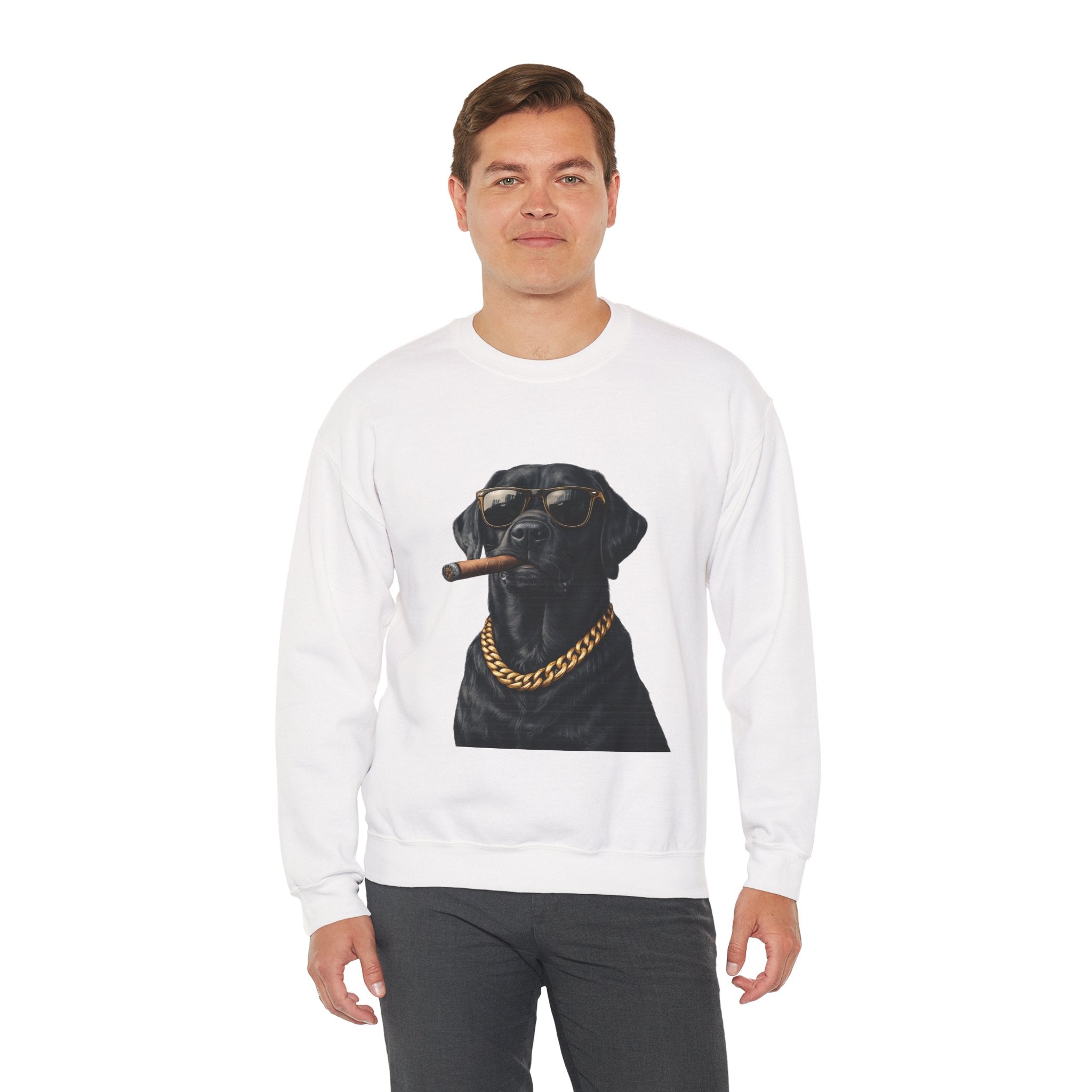 Cool Black Lab Crewneck Sweatshirt — Dog with Cigar & Gold Chain Graphic