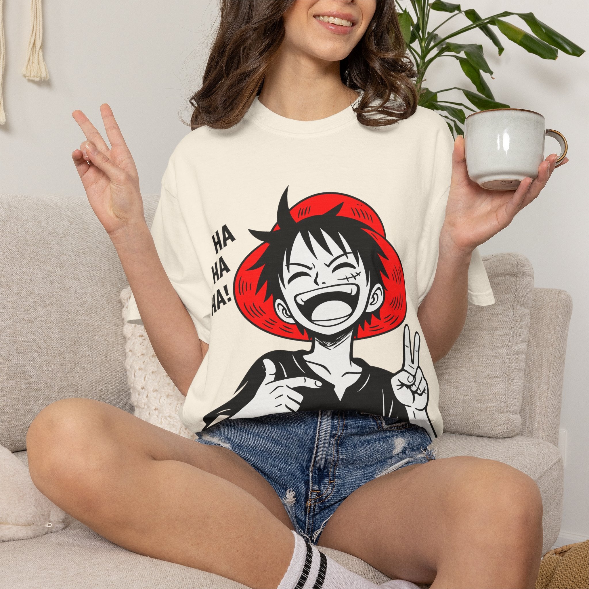 Anime Luffy Laughing Graphic T-shirt - Monkey D. Luffy Peace Sign Tee