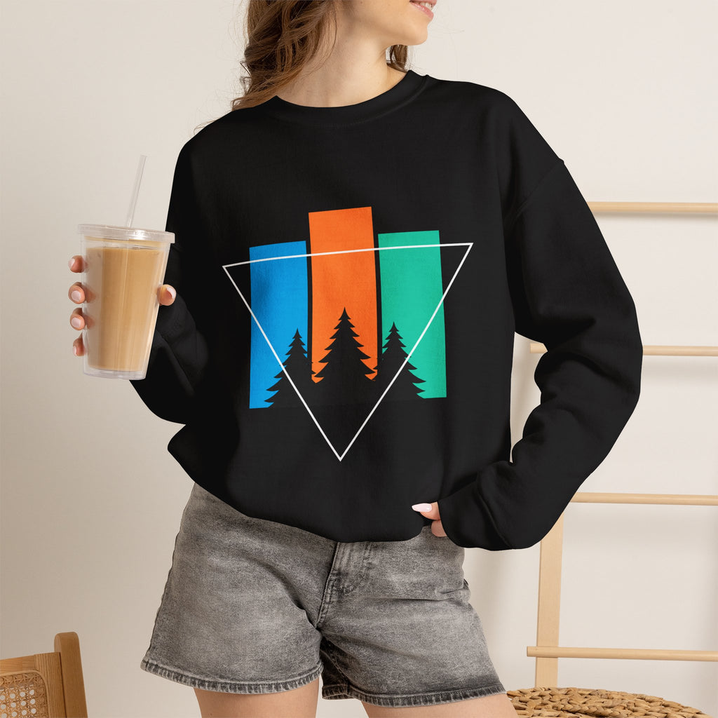Retro Forest Crewneck Sweatshirt — Colorblock Trees Graphic