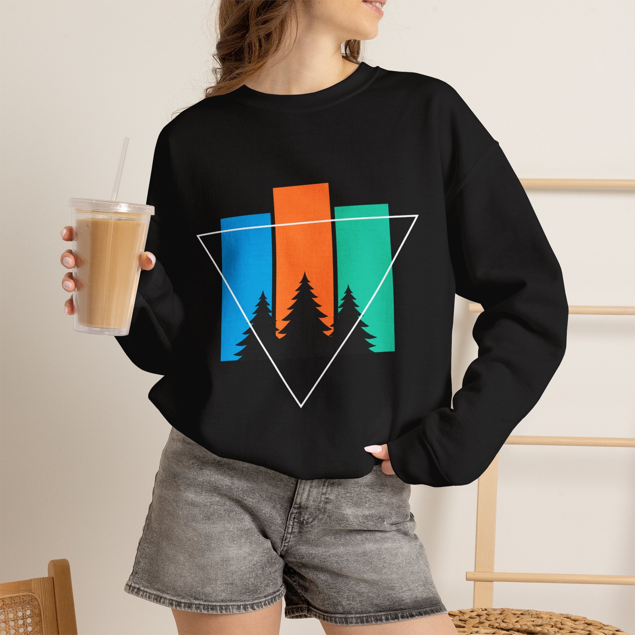 Retro Forest Crewneck Sweatshirt — Colorblock Trees Graphic