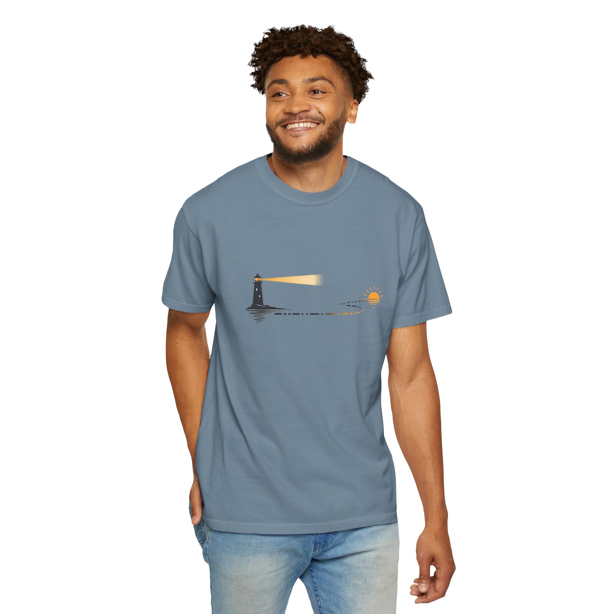 Lighthouse Sunset T-Shirt — Nautical Coastal Tee with Beacon Graphic
