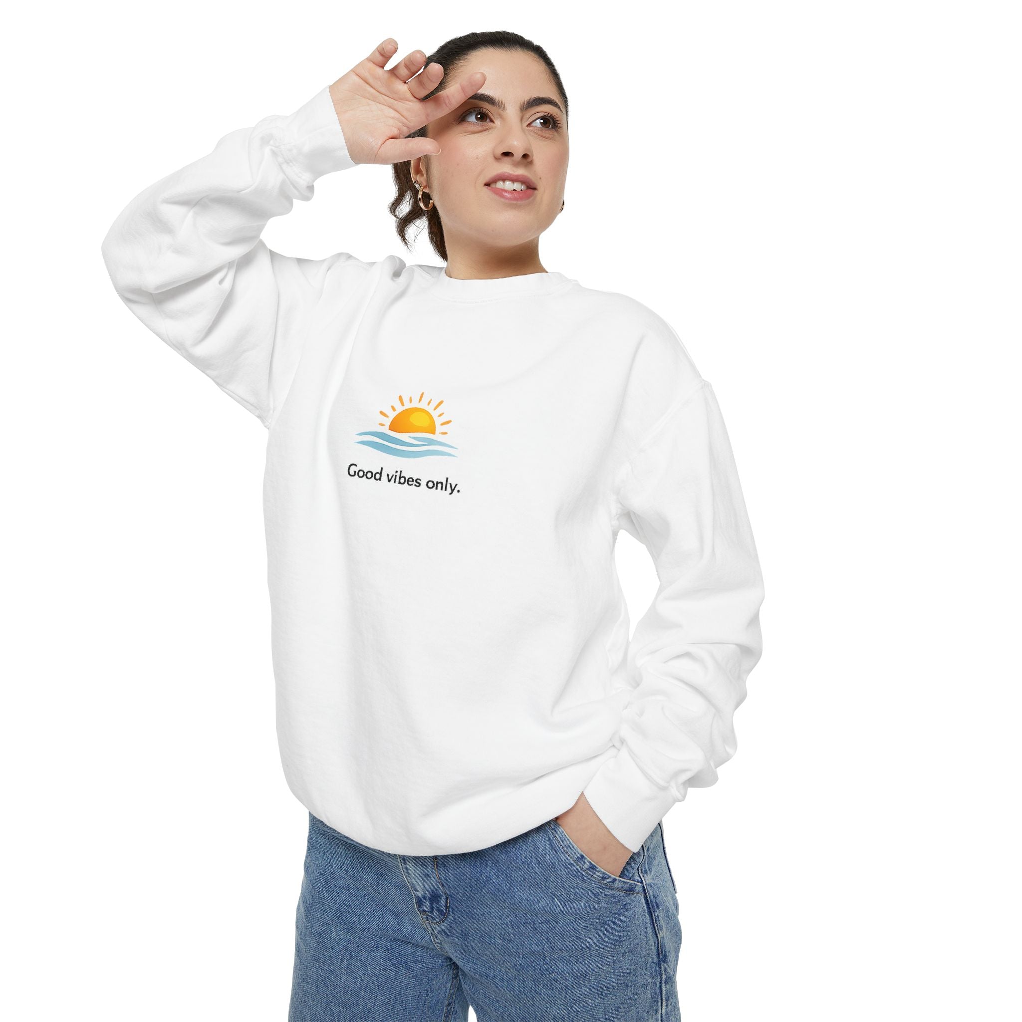 Good Vibes Only Sweatshirt — Sunrise Graphic Cozy Pullover