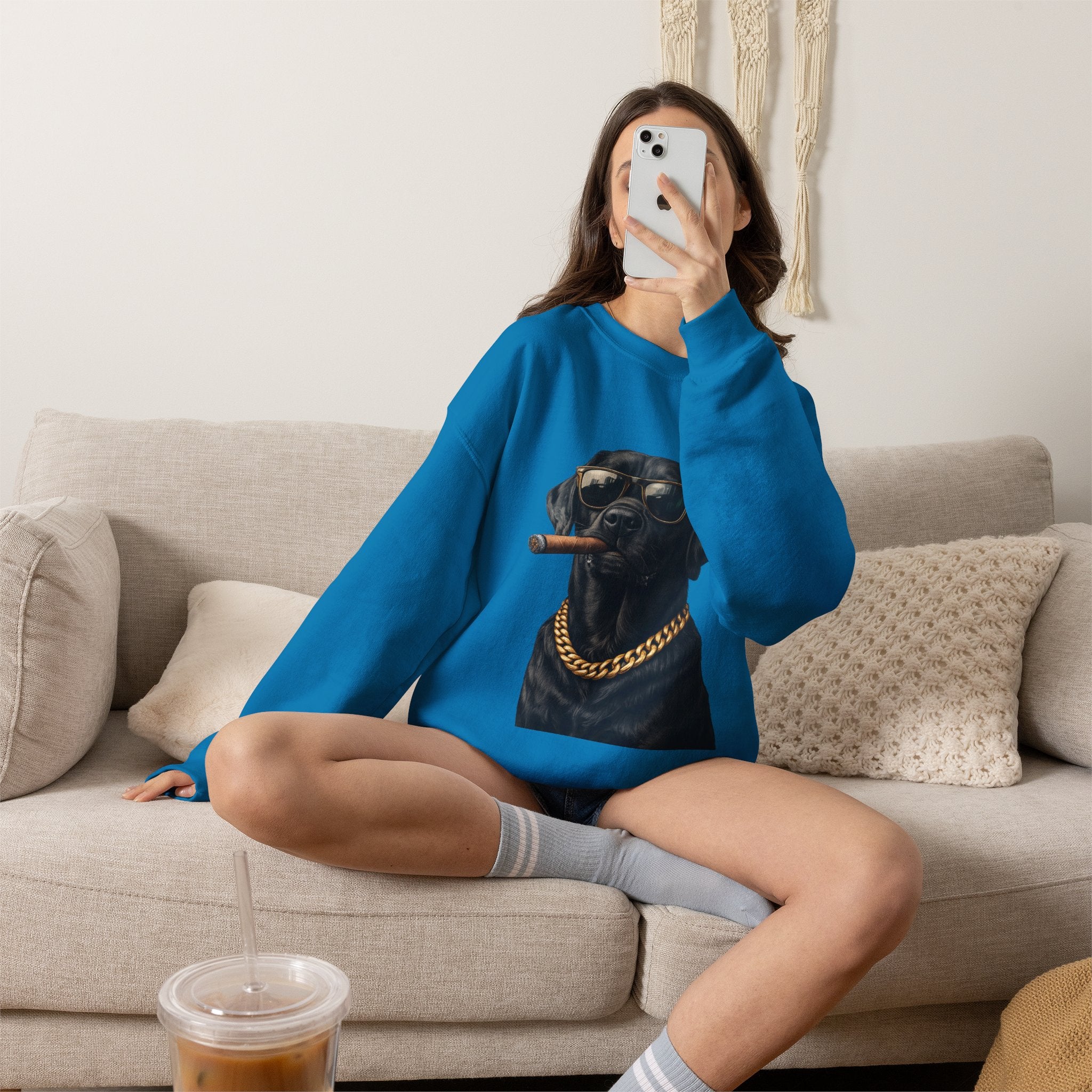 Cool Black Lab Crewneck Sweatshirt — Dog with Cigar & Gold Chain Graphic