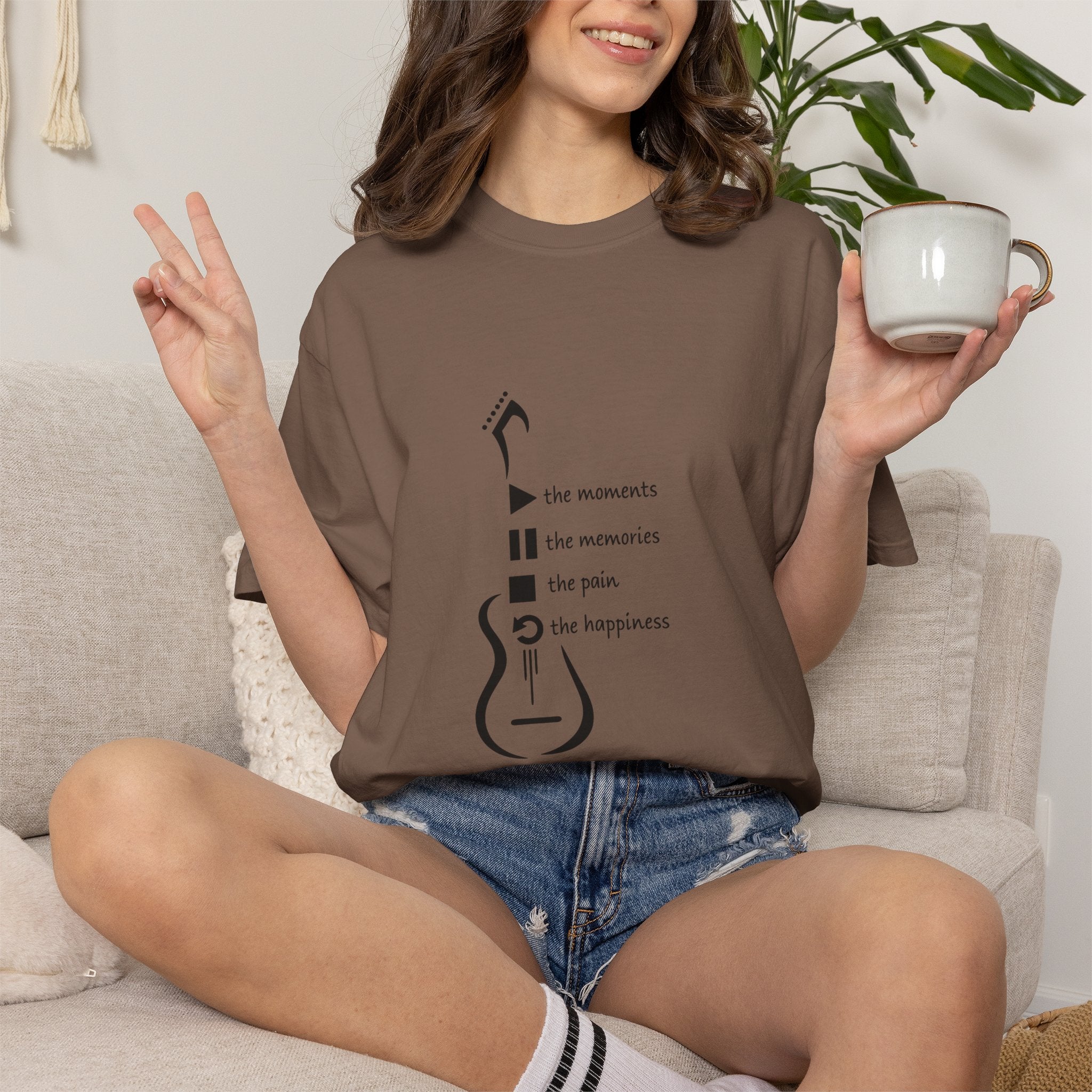 Guitar Silhouette Tee — "Our Moments, Our Memories, Our Music, Our Happiness"