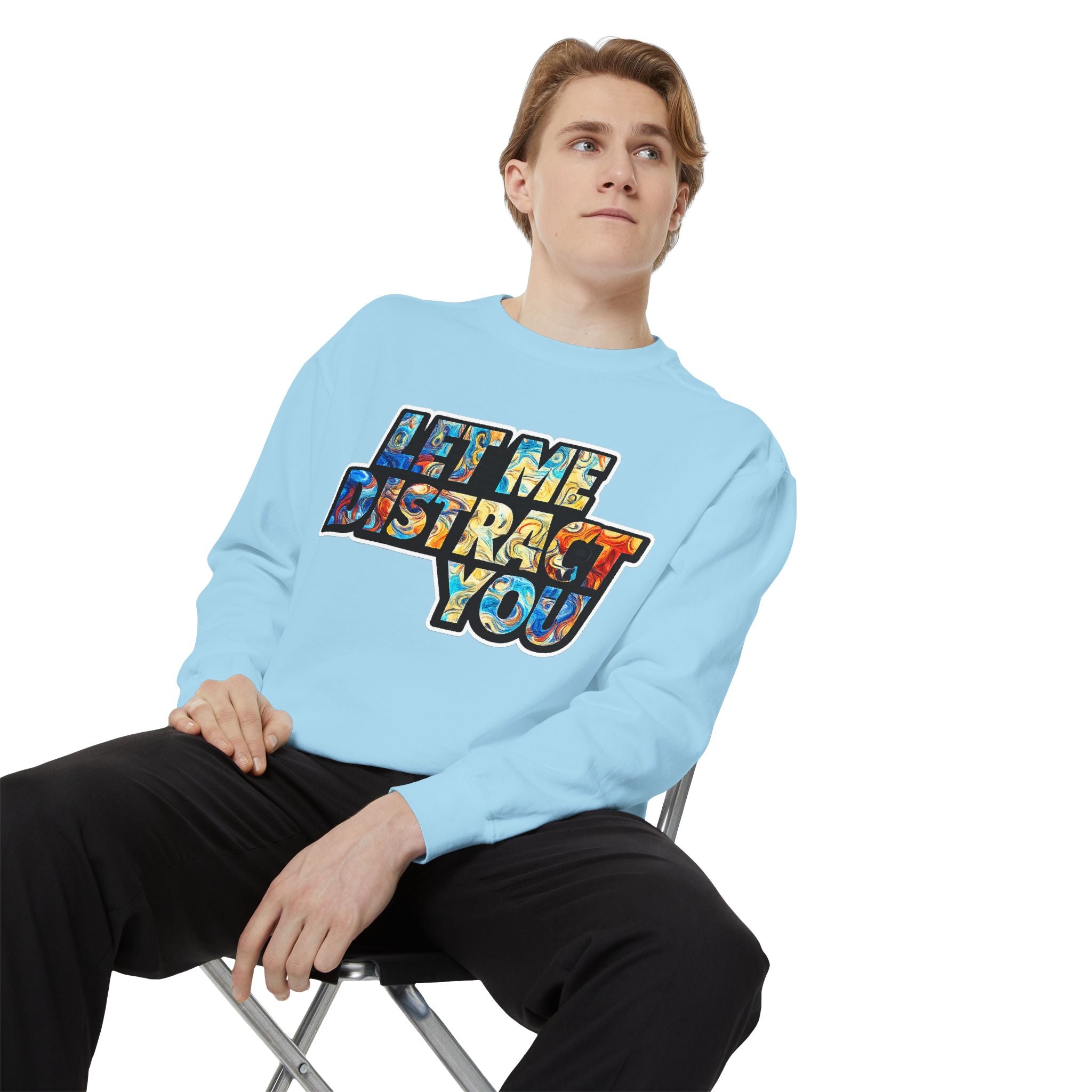 Let Me Distract You Sweatshirt — Colorful Retro Graphic Crewneck