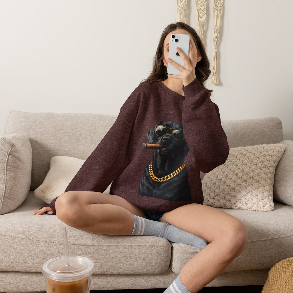 Cool Black Lab Crewneck Sweatshirt — Dog with Cigar & Gold Chain Graphic