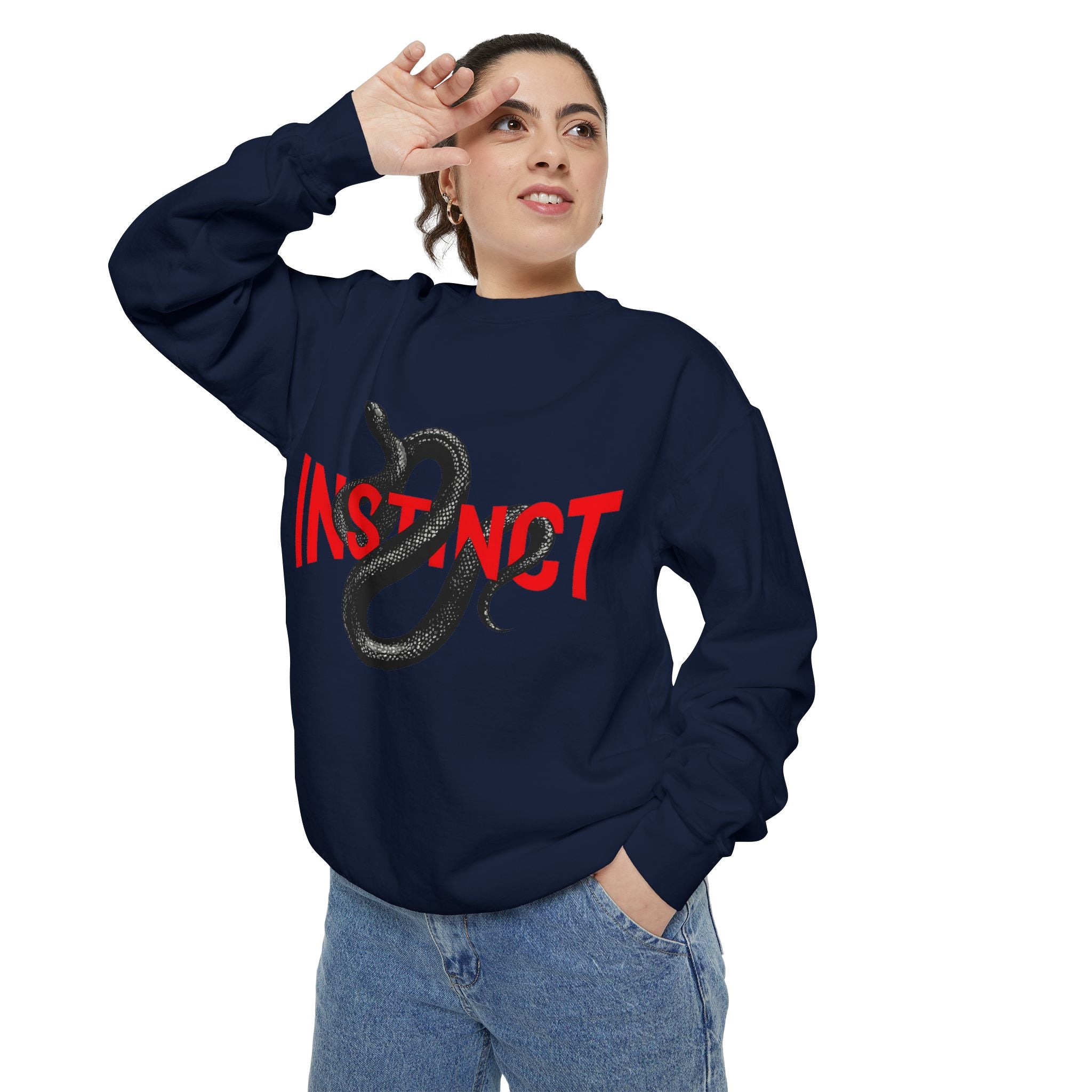 Instinct Snake Sweatshirt — Graphic Crewneck with Bold Red Text