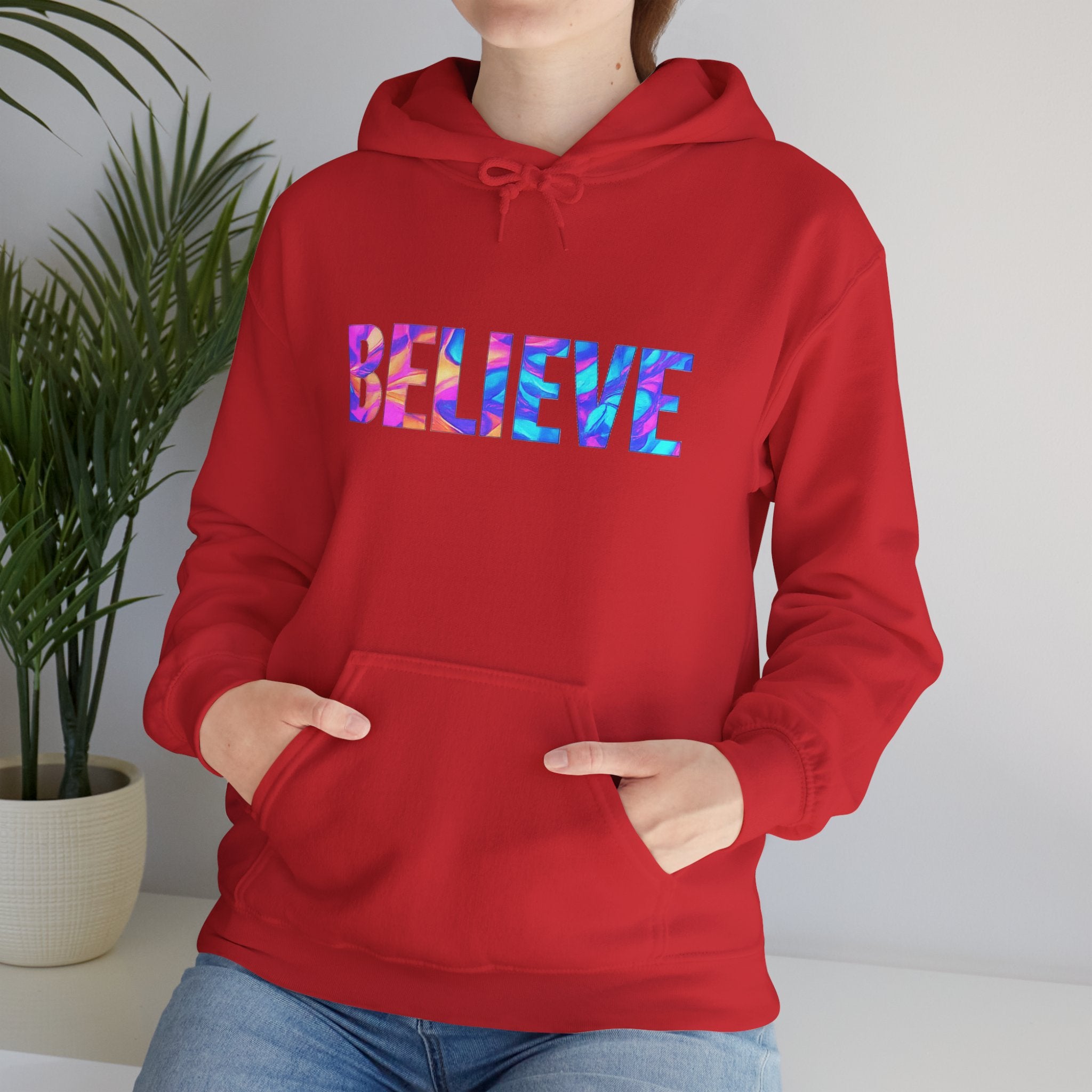 Believe in Yourself Hoodie — Colorful Watercolor Text Inspirational Sweatshirt