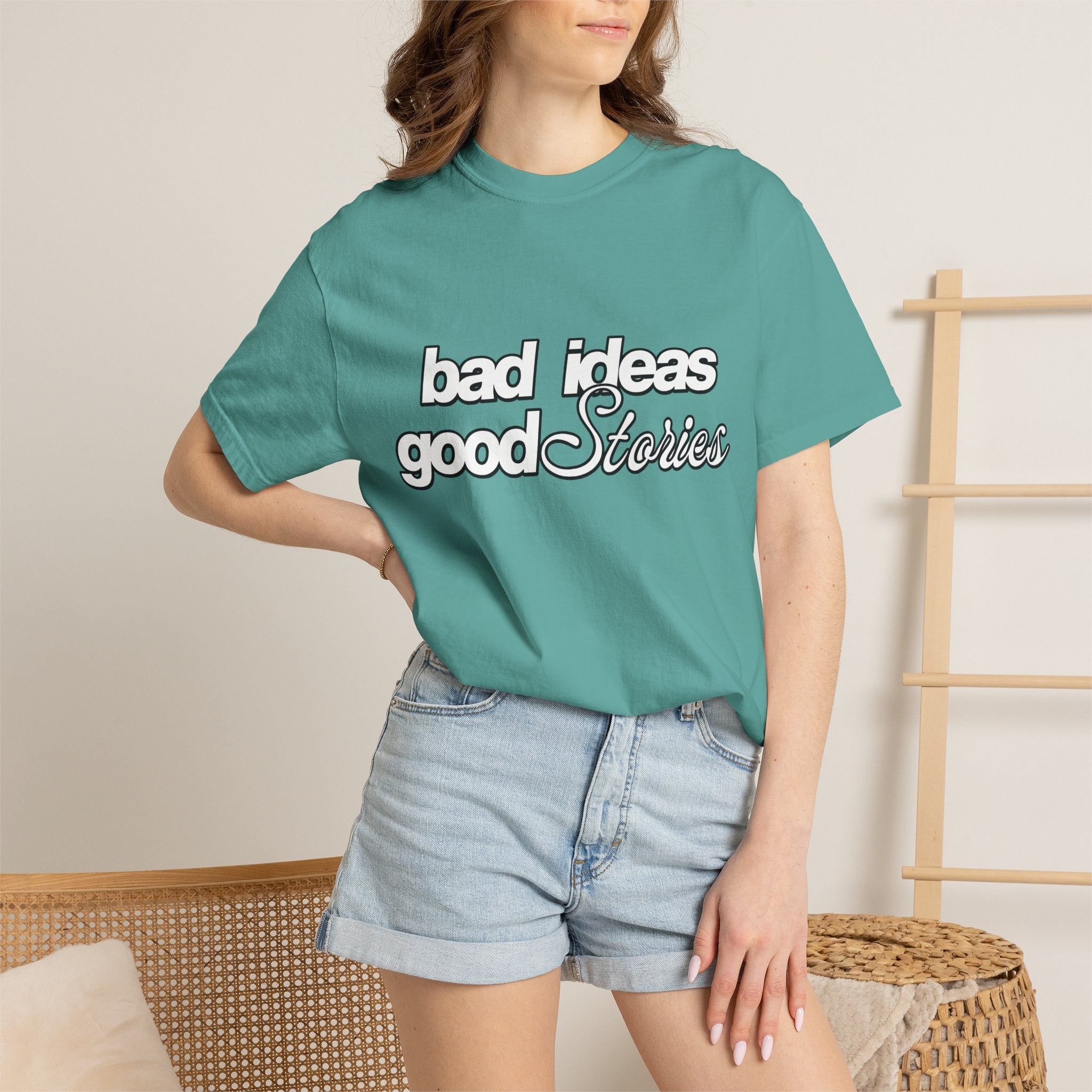 T-Shirt — “bad ideas good stories” Retro Script Tee