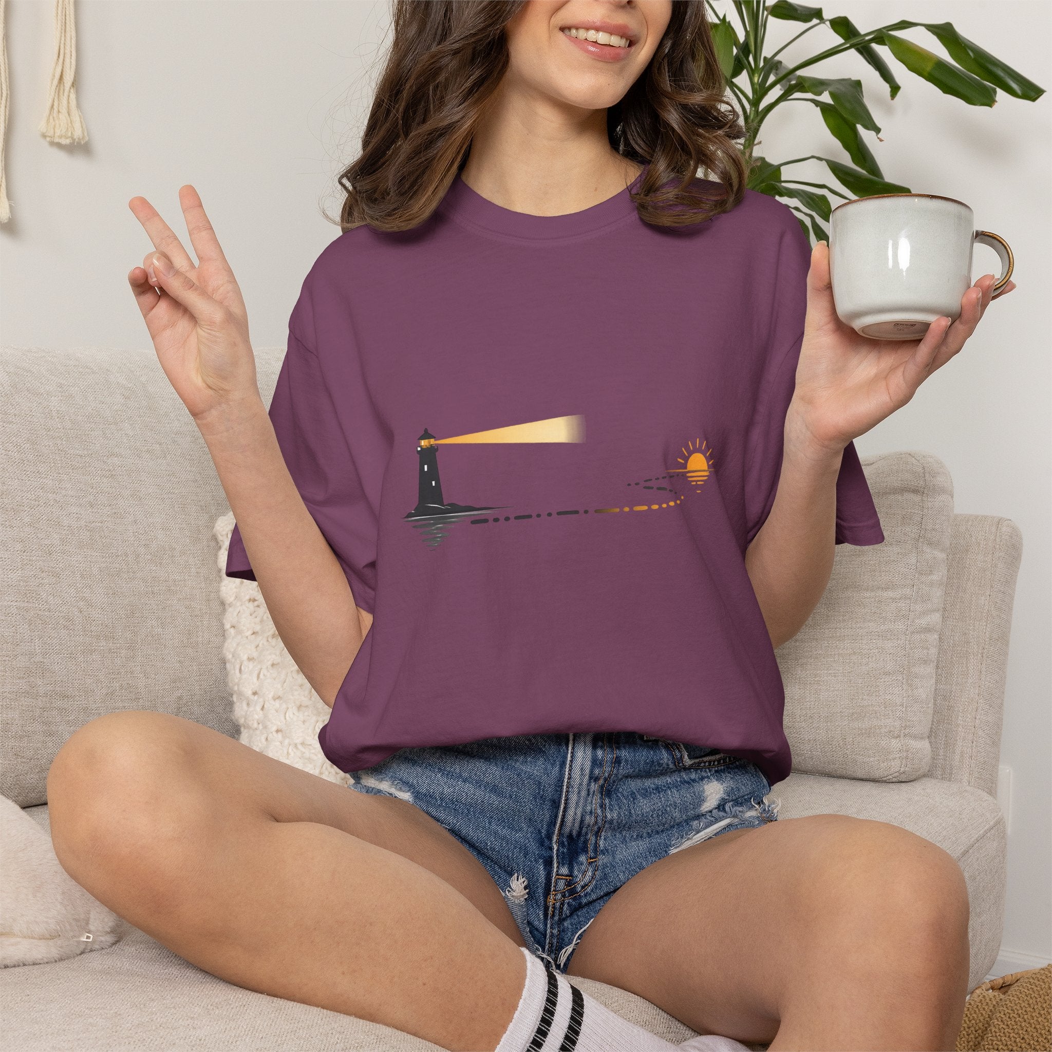 Lighthouse Sunset T-Shirt — Nautical Coastal Tee with Beacon Graphic