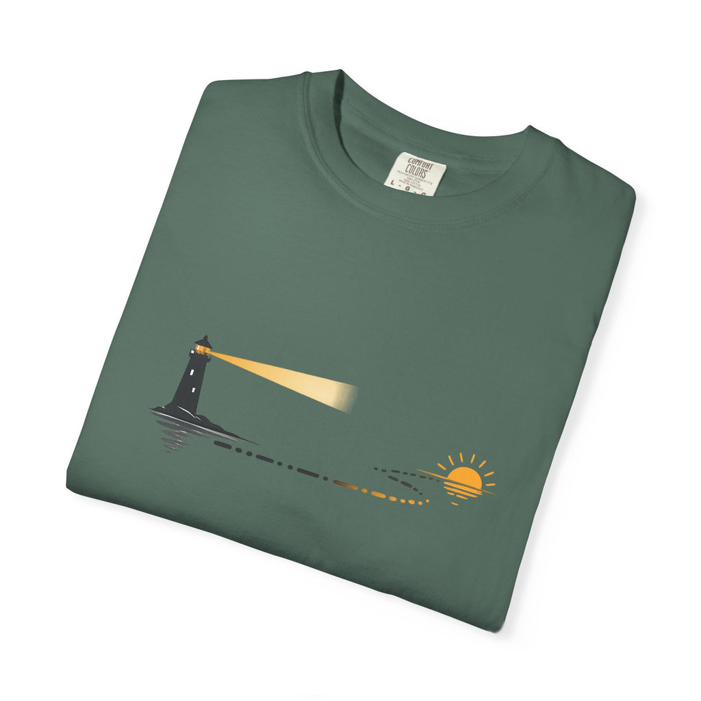 Lighthouse Sunset T-Shirt — Nautical Coastal Tee with Beacon Graphic