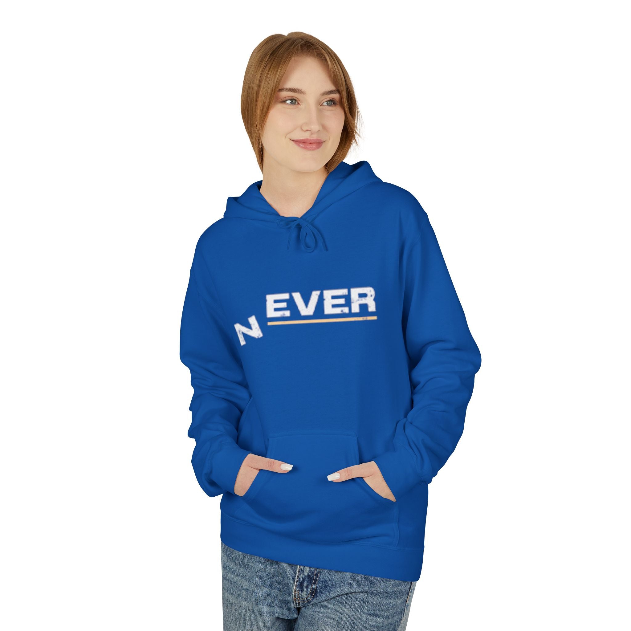 Never Typography Hoodie — Brown Casual Graphic Pullover