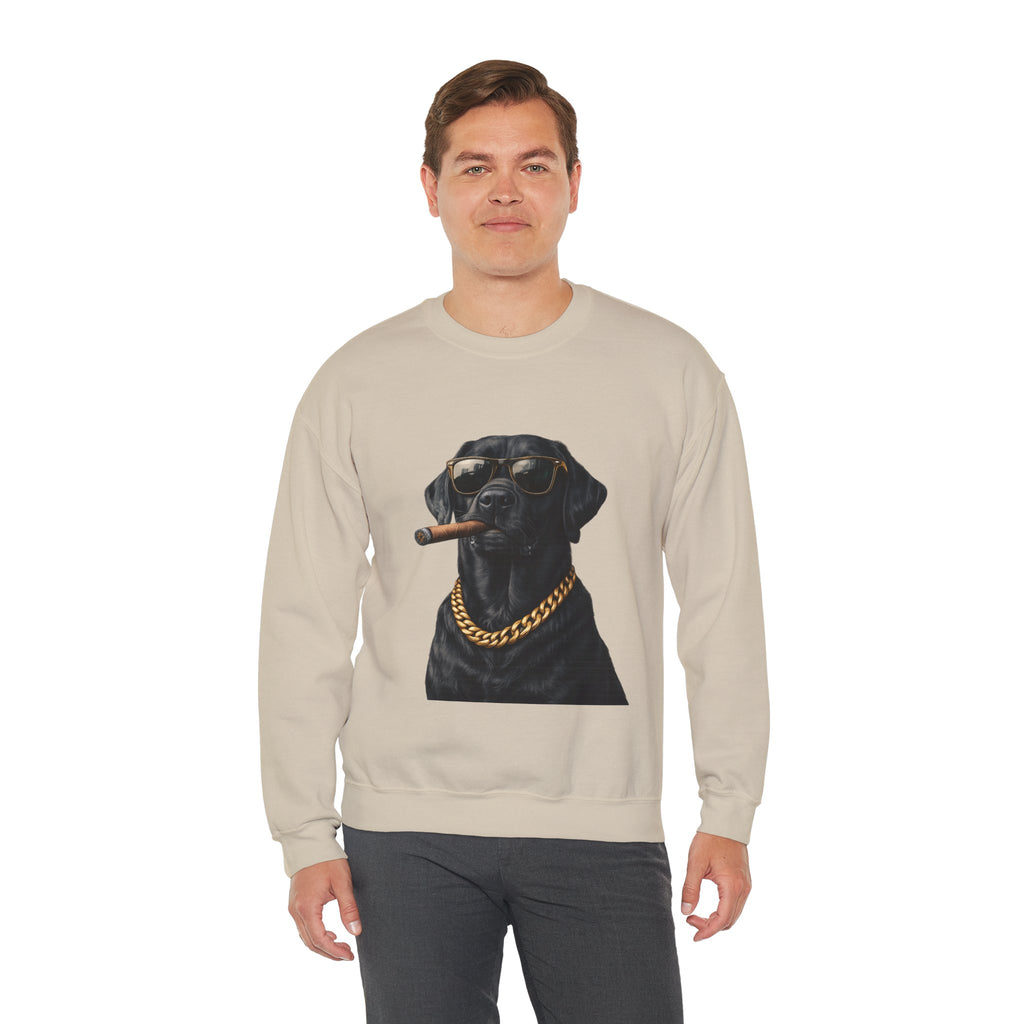 Cool Black Lab Crewneck Sweatshirt — Dog with Cigar & Gold Chain Graphic