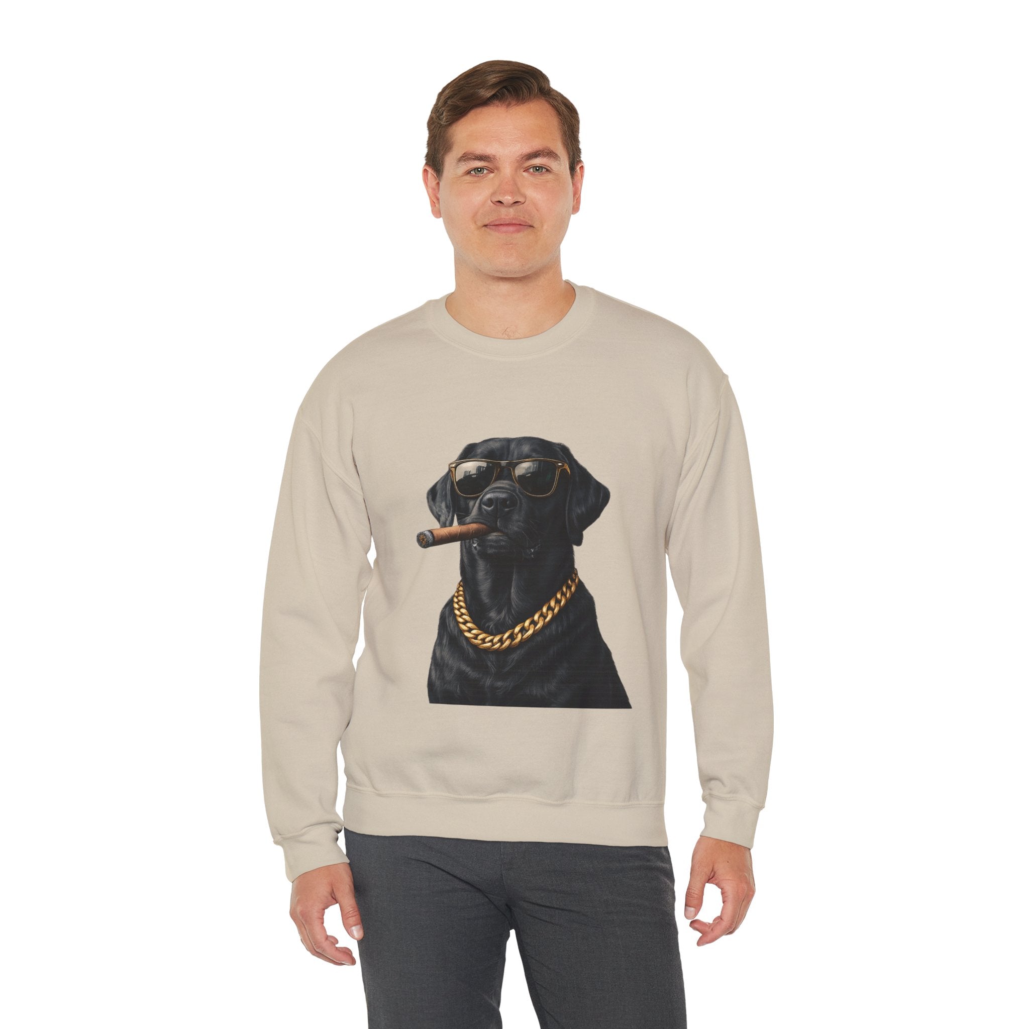 Cool Black Lab Crewneck Sweatshirt — Dog with Cigar & Gold Chain Graphic
