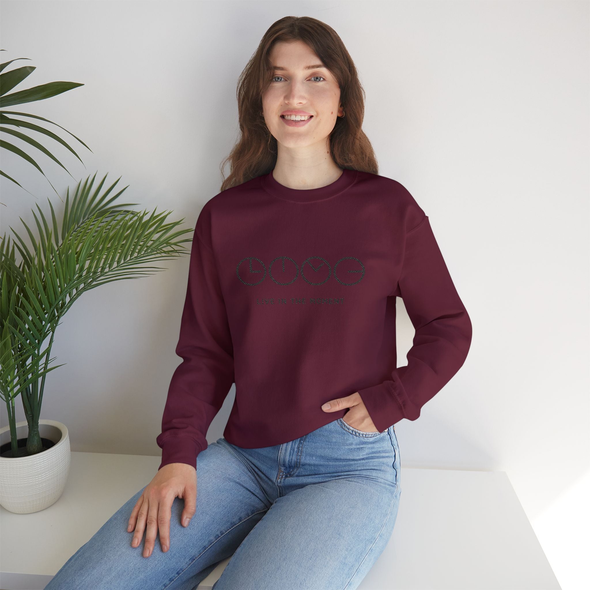 Live In The Moment Crewneck Sweatshirt — Minimal Clock Graphic Embroidered