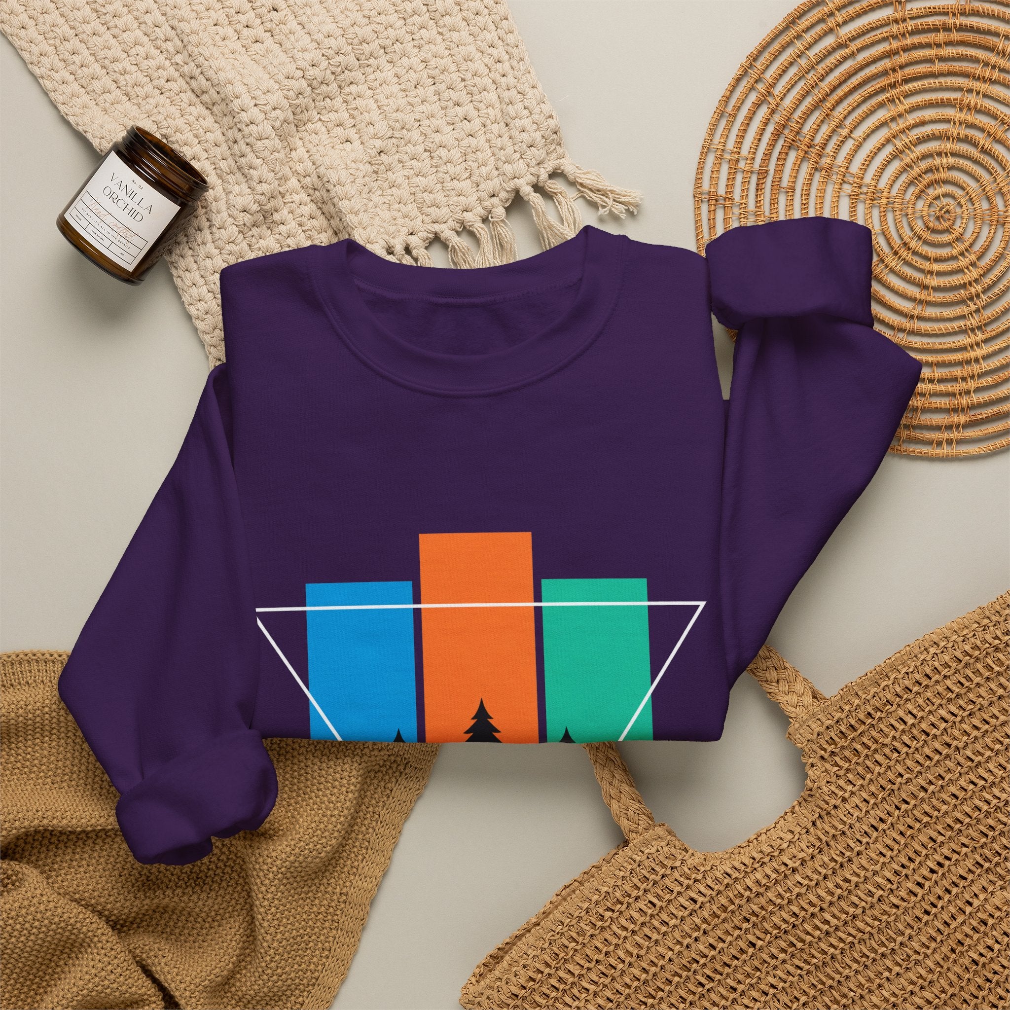 Retro Forest Crewneck Sweatshirt — Colorblock Trees Graphic