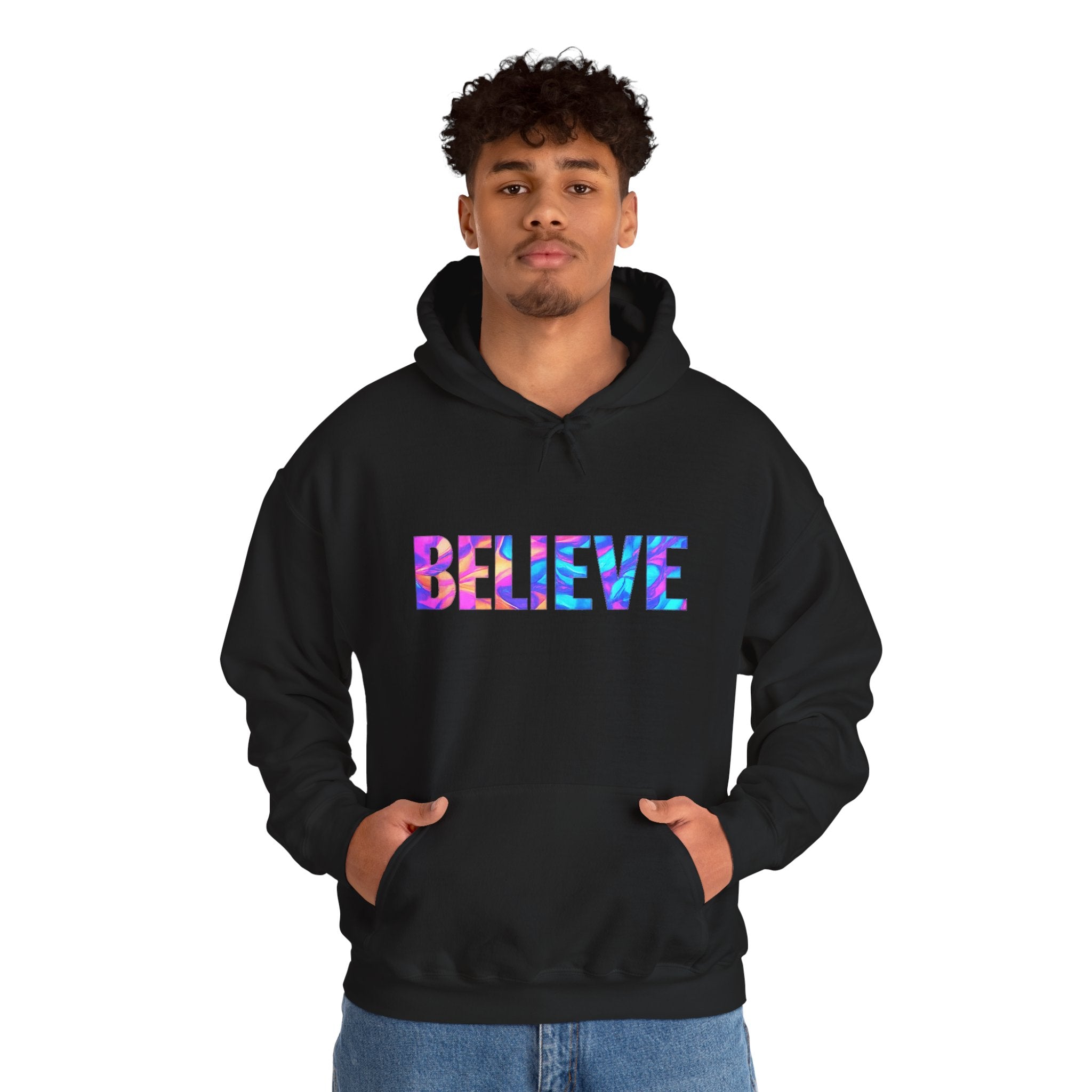 Believe in Yourself Hoodie — Colorful Watercolor Text Inspirational Sweatshirt