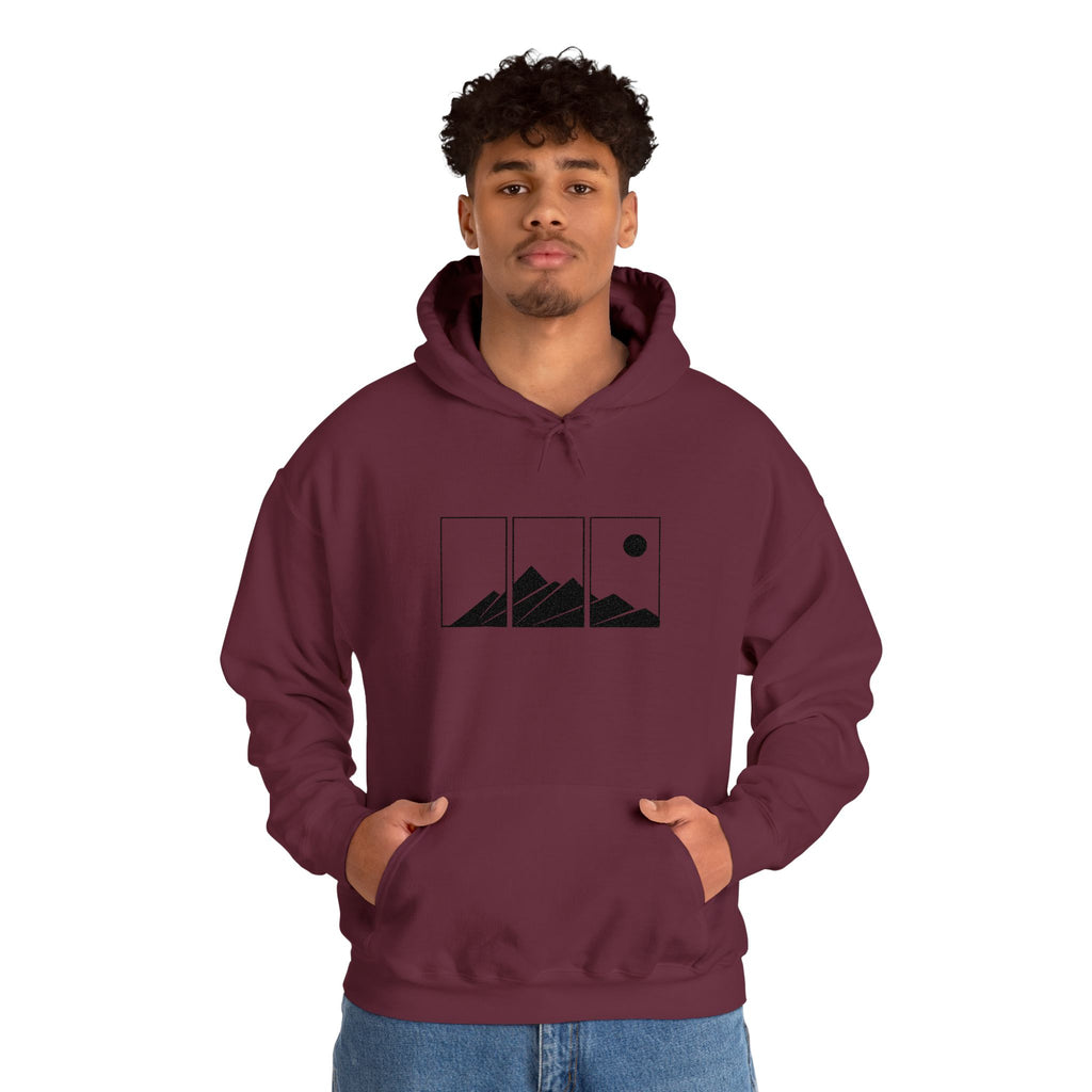 Mountain Triptych Hoodie — Minimalist Scenic Graphic Pullover Embroidered