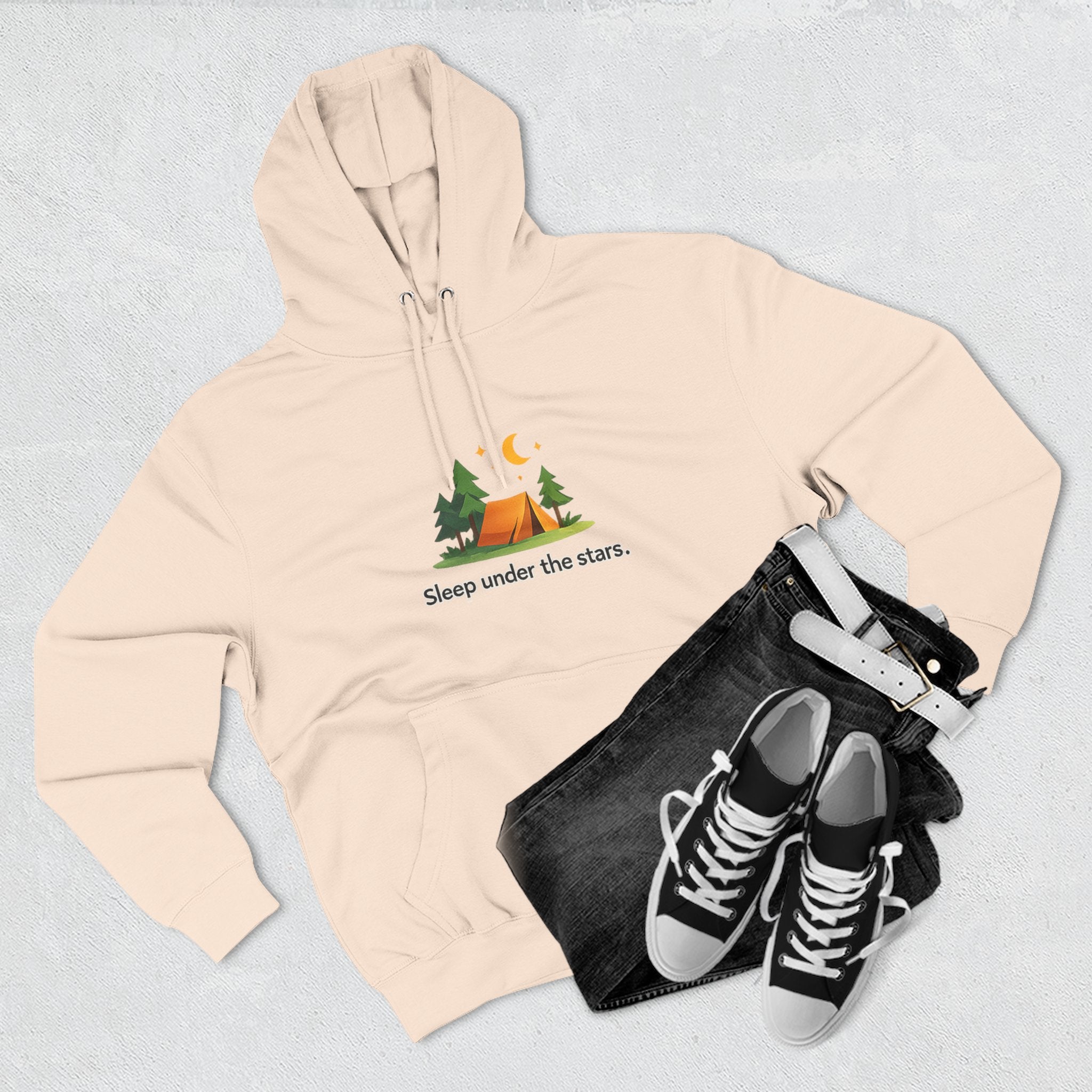 Camping Hoodie — "Sleep Under the Stars" Tent & Moon Graphic