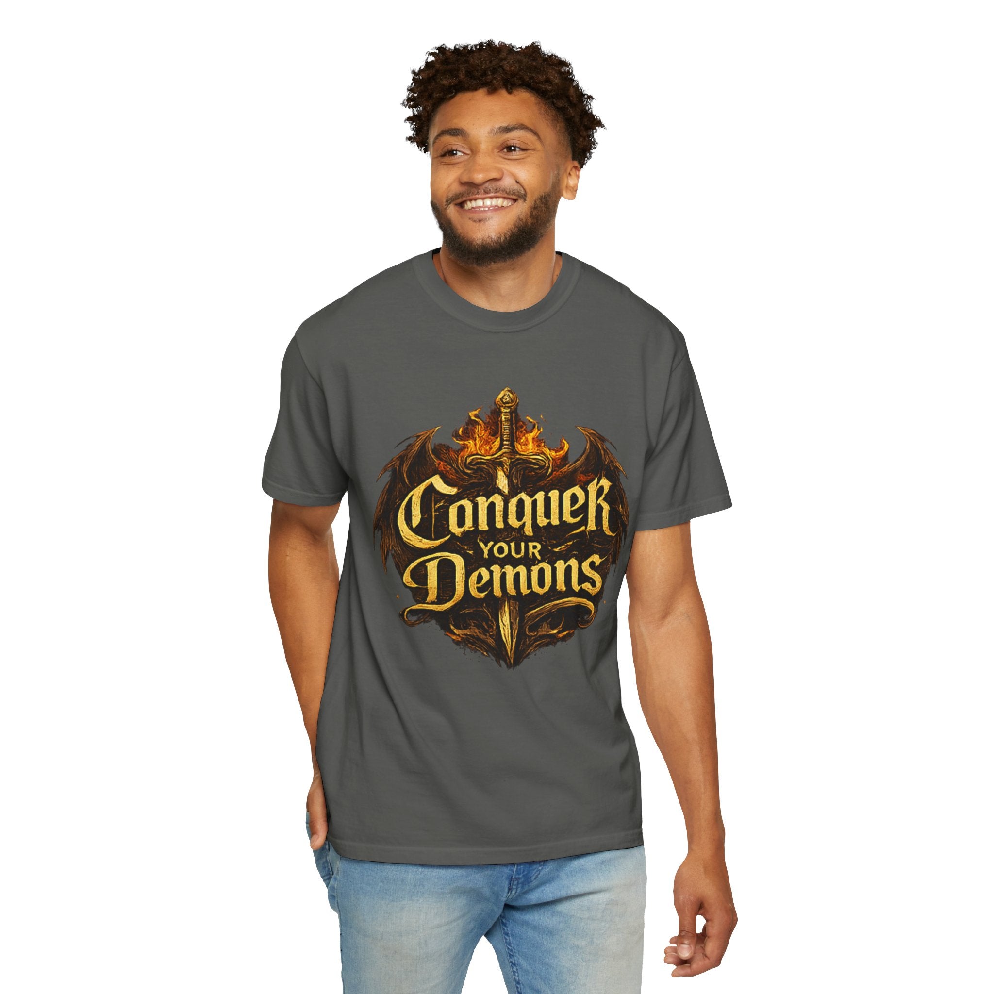 Conquer Your Demons T-Shirt — Gothic Sword & Flames Motivational Tee