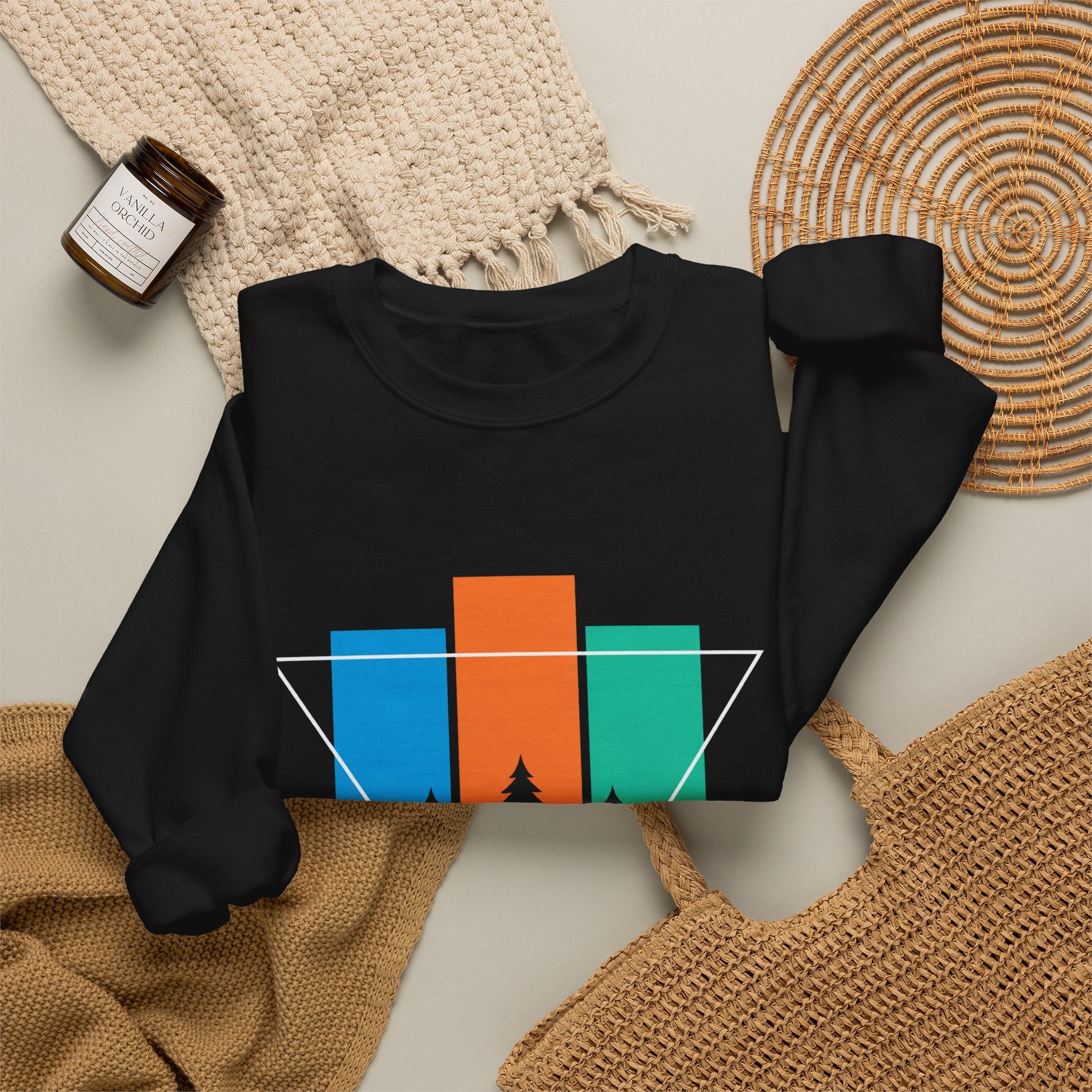 Retro Forest Crewneck Sweatshirt — Colorblock Trees Graphic