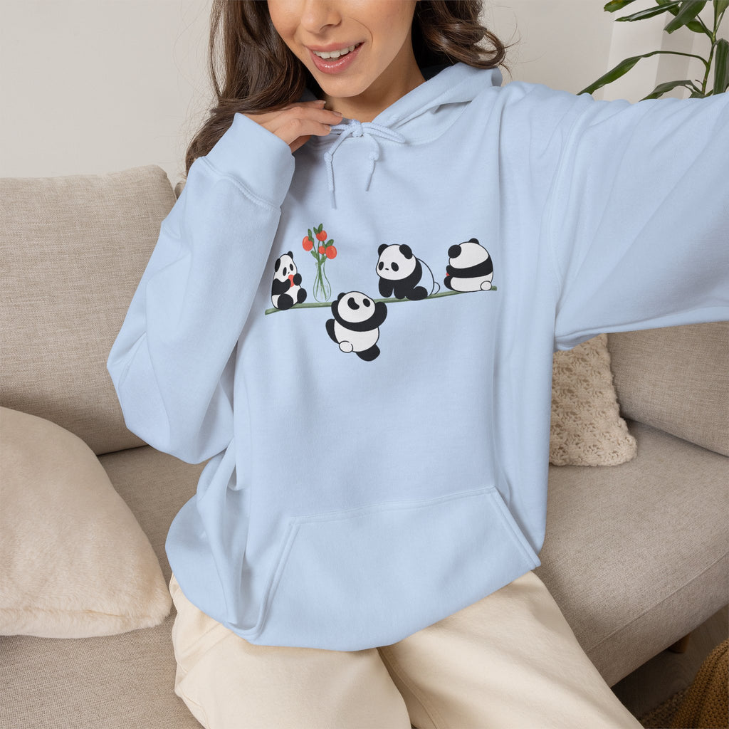 Pandas on a Line Hoodie — Cute Cartoon Pandas Holding Flower Pullover