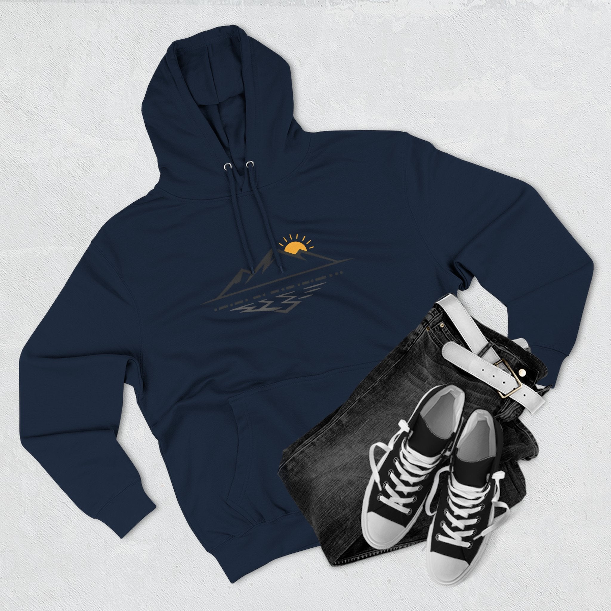 Mountain Sunrise Hoodie — Minimal Outdoor Graphic Pullover