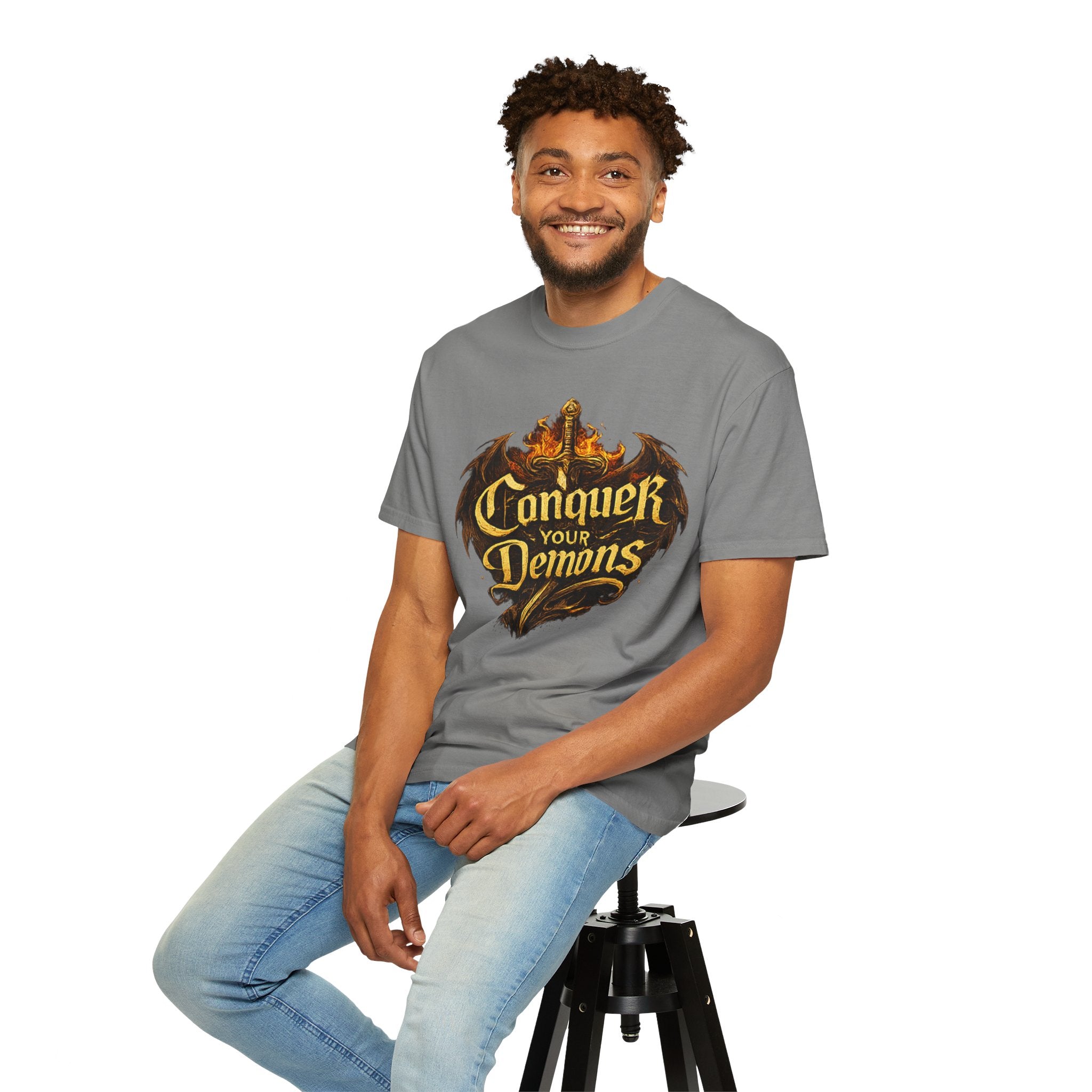 Conquer Your Demons T-Shirt — Gothic Sword & Flames Motivational Tee