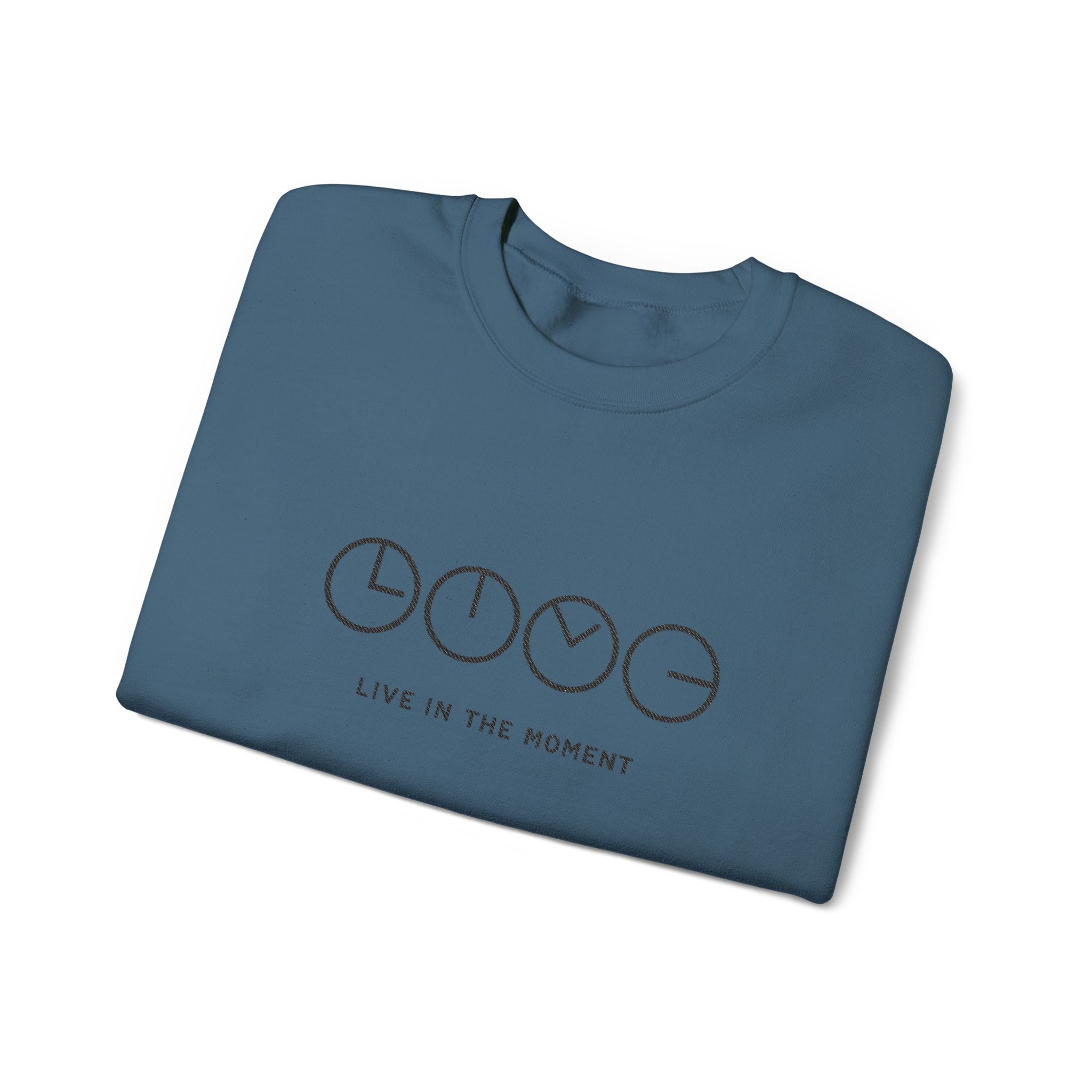 Live In The Moment Crewneck Sweatshirt — Minimal Clock Graphic Embroidered