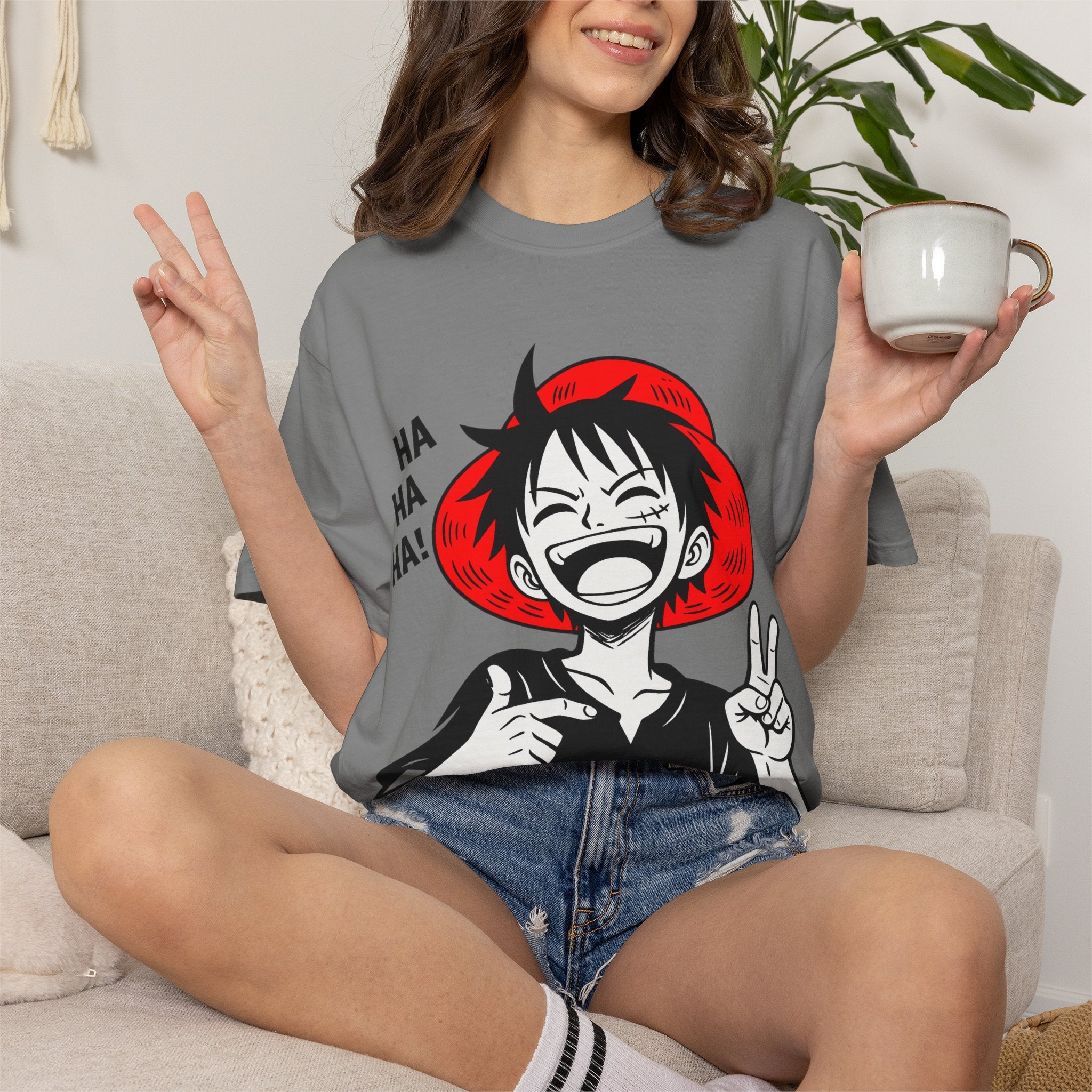 Anime Luffy Laughing Graphic T-shirt - Monkey D. Luffy Peace Sign Tee